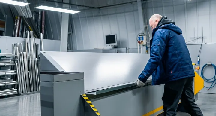 Skārda Nams locīšanas process. Operators pie darbagalda.